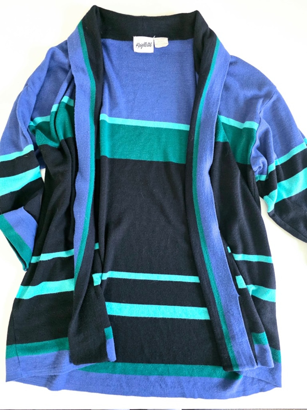 Vintage Knights Ltd Striped Open Cardigan Sweater Women’s L Blue Black Green